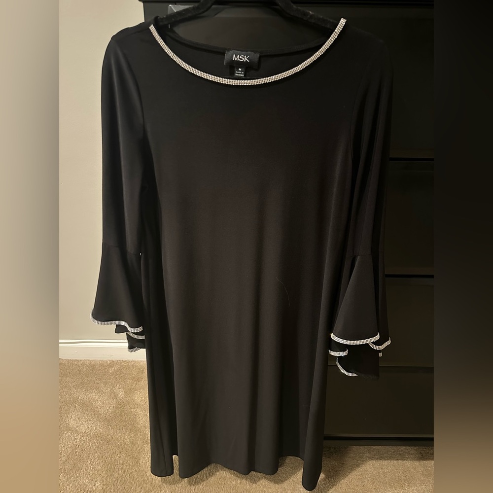 MSK Elegant Black Sleeve Dress with Rhinestone Trim